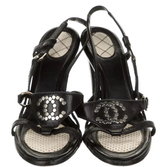 Vintage Chanel CC Slingback Heels Black gunmetal accent