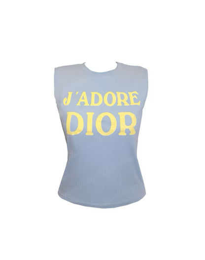 Christian Dior Blue & Yellow J'adore Dior Logo Print Sleeveless Tank Top Jadore