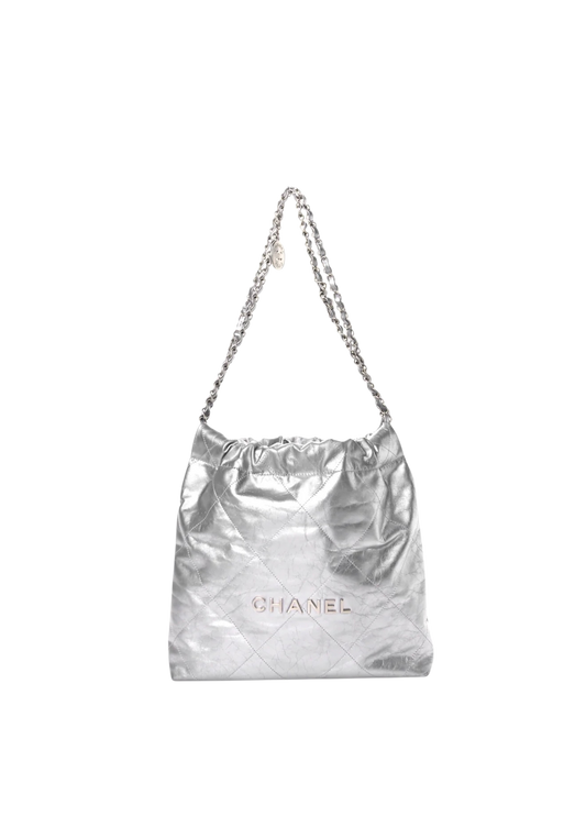 Metallic Silver Chanel 22 Quilted Small Boston Bag