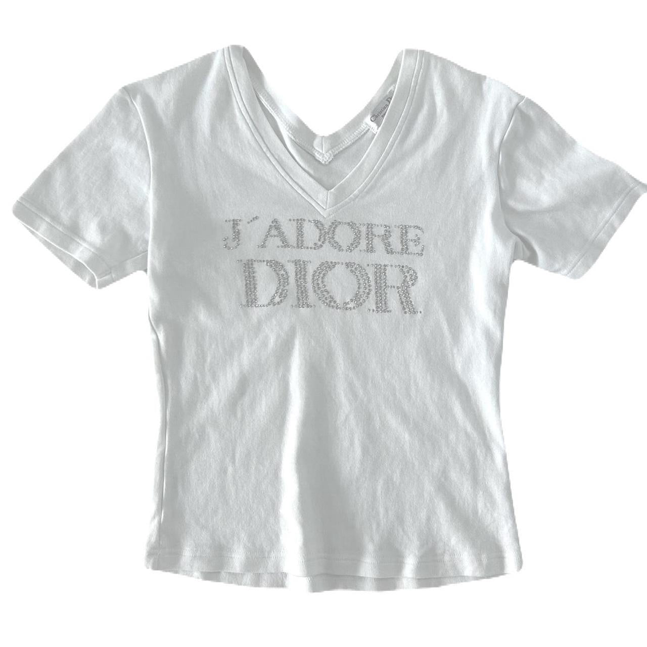 Christian Dior Vintage Logo T-shirt V neck Top Swavorski Print Cotton White
