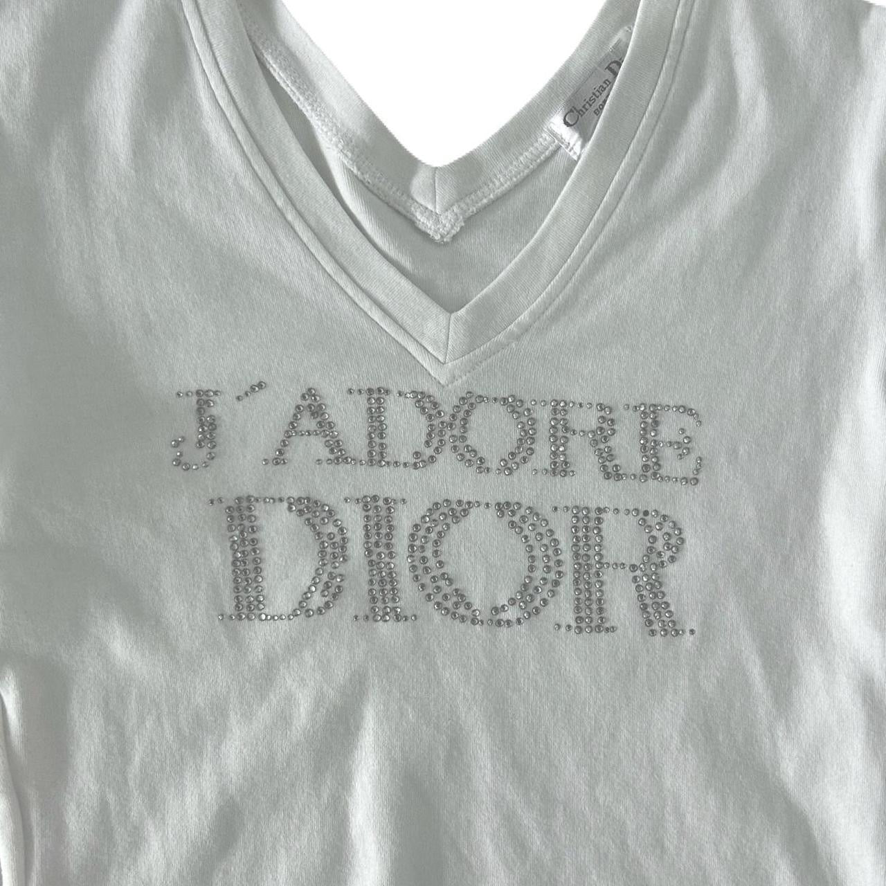 Christian Dior Vintage Logo T-shirt V neck Top Swavorski Print Cotton White