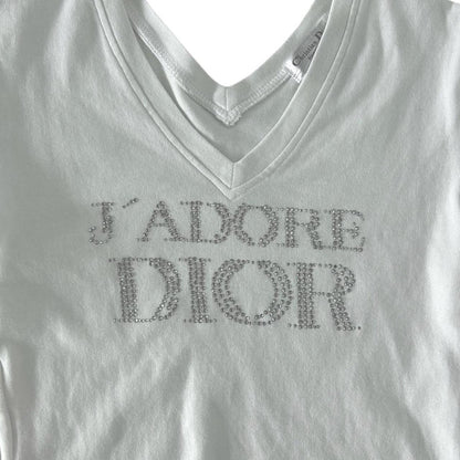 Christian Dior Vintage Logo T-shirt V neck Top Swavorski Print Cotton White