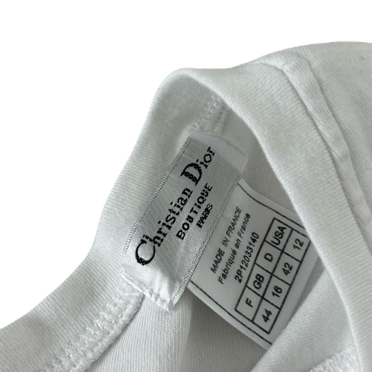 Christian Dior Vintage Logo T-shirt V neck Top Swavorski Print Cotton White